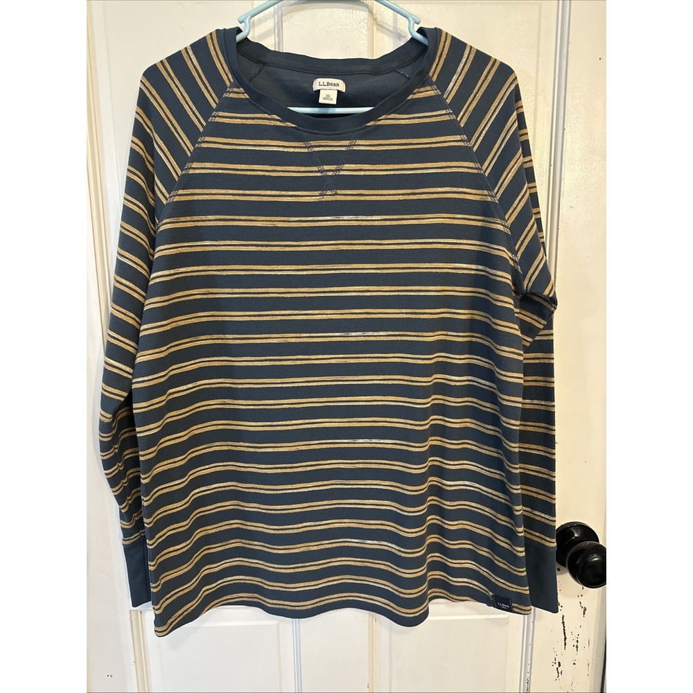 LL Bean Women's Unshrinkable Mini-Waffle Tee Long-Sleeve Crewneck Blue Stripe XL